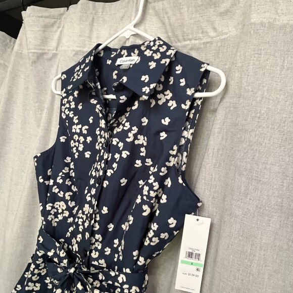 Calvin Klein Sleeveless Collared Button Down Tie Waist Dress w/ pockets Size 8 - Picture 10 of 11